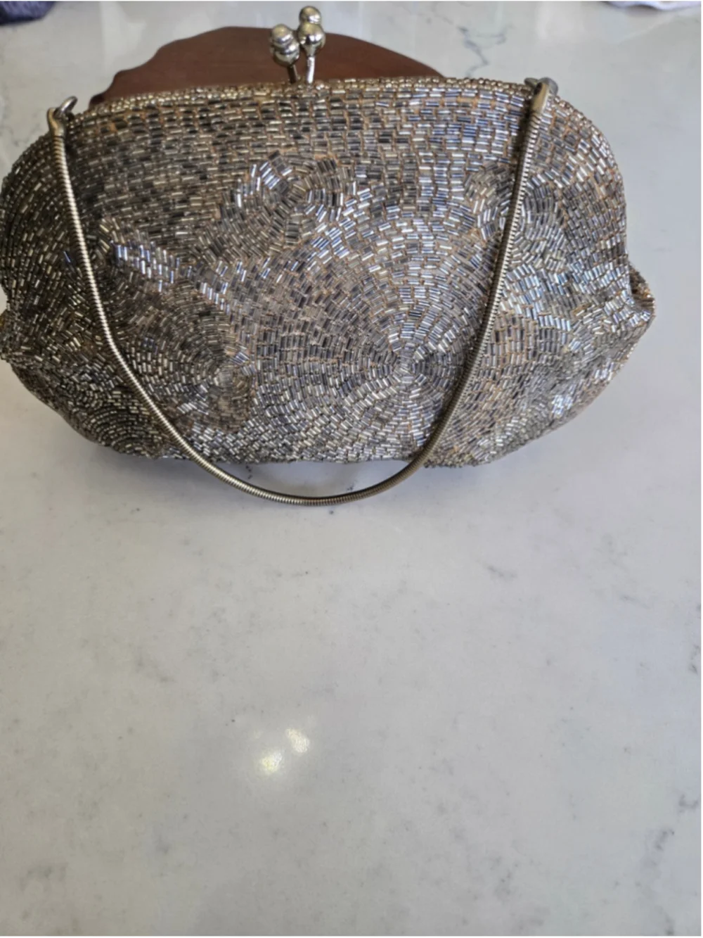 Vintage 1960s Silver Hand-Beaded Evening Clutch Kiss Lock Purse Made in Korea